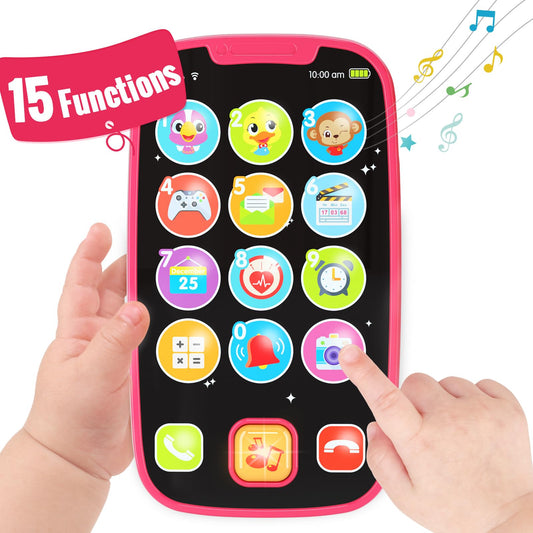 BABYFUNY pink toy phone with 15 buttons for interactive learning and pretend play.
