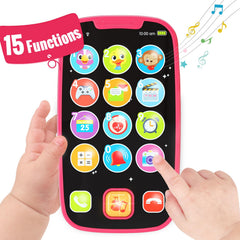 BABYFUNY pink toy phone with 15 buttons for interactive learning and pretend play.