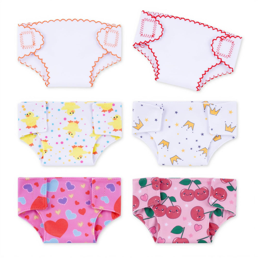 BABESIDE 6-piece patterned doll diapers set for 12-15 inch dolls, ideal for imaginative play