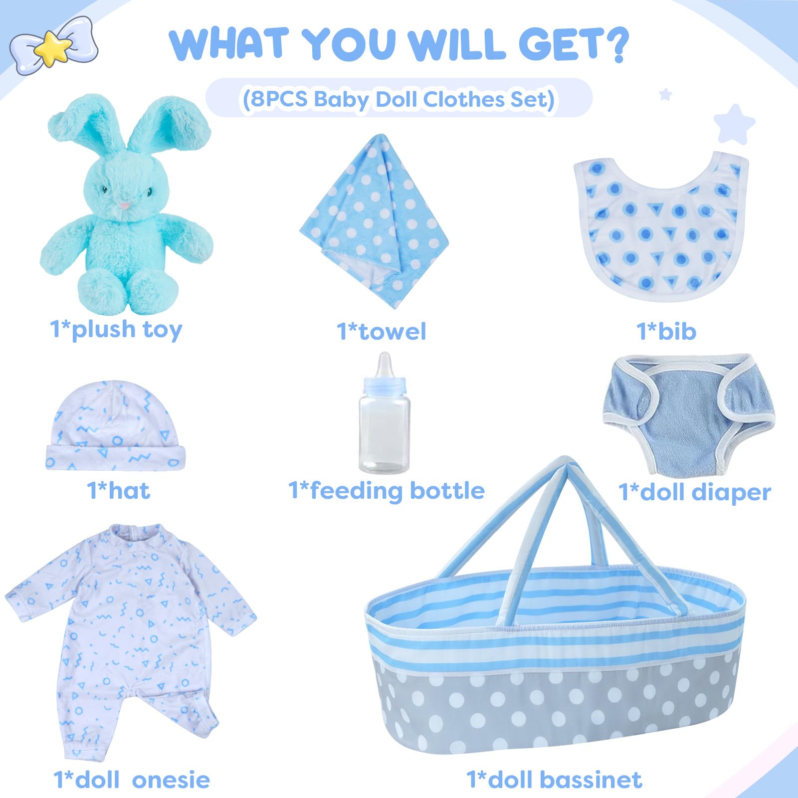 BABESIDE doll onesie with star pattern fits 17–22 inch dolls for realistic dressing.