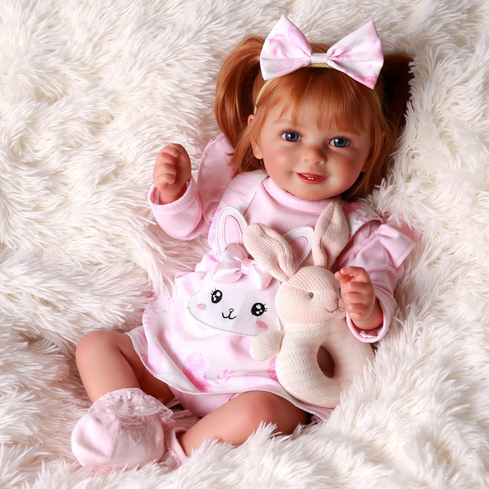 Doreen holding plush bunny highlights comforting companionship during cozy playtime