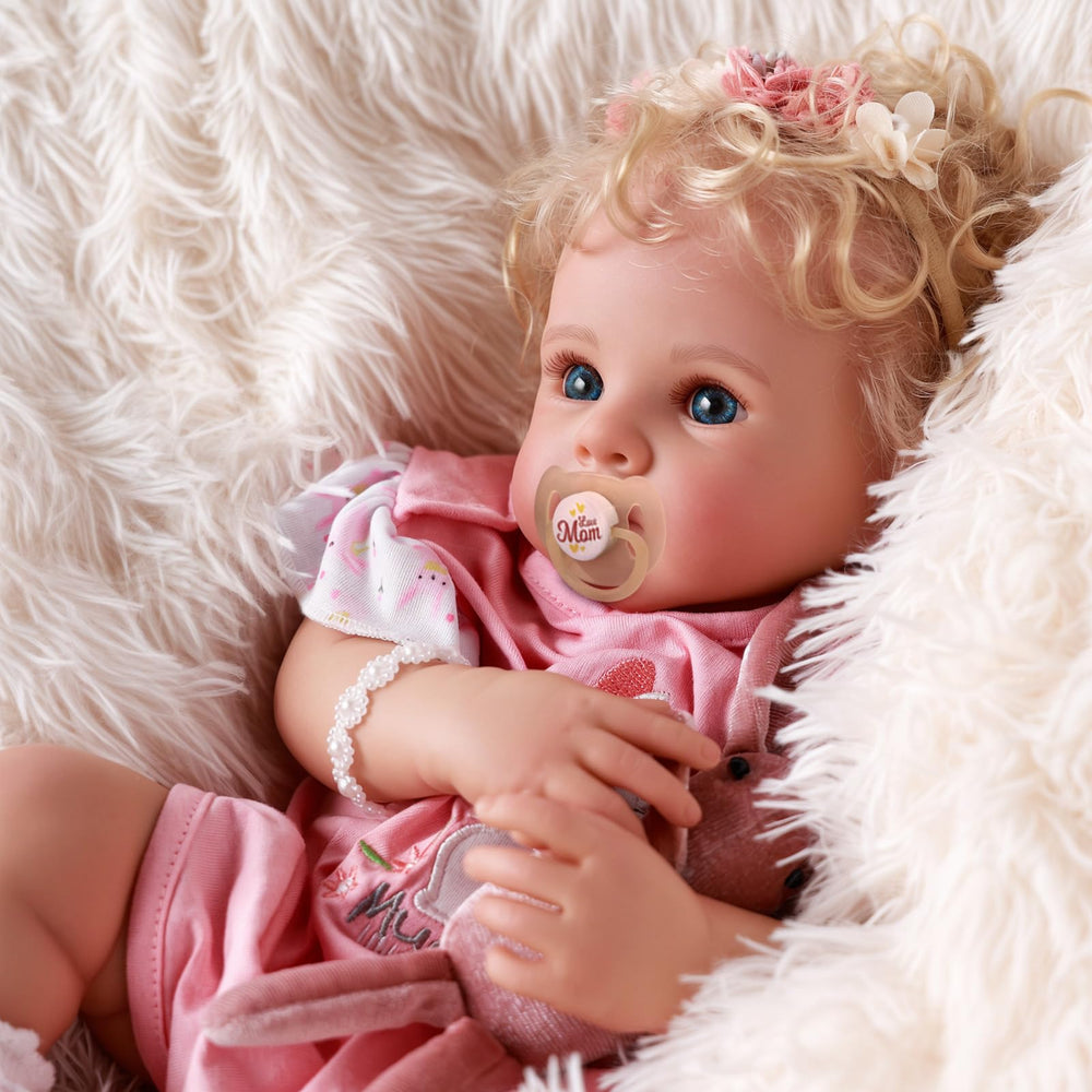 BABESIDE reborn doll golden curls closeup with hand rooted hair