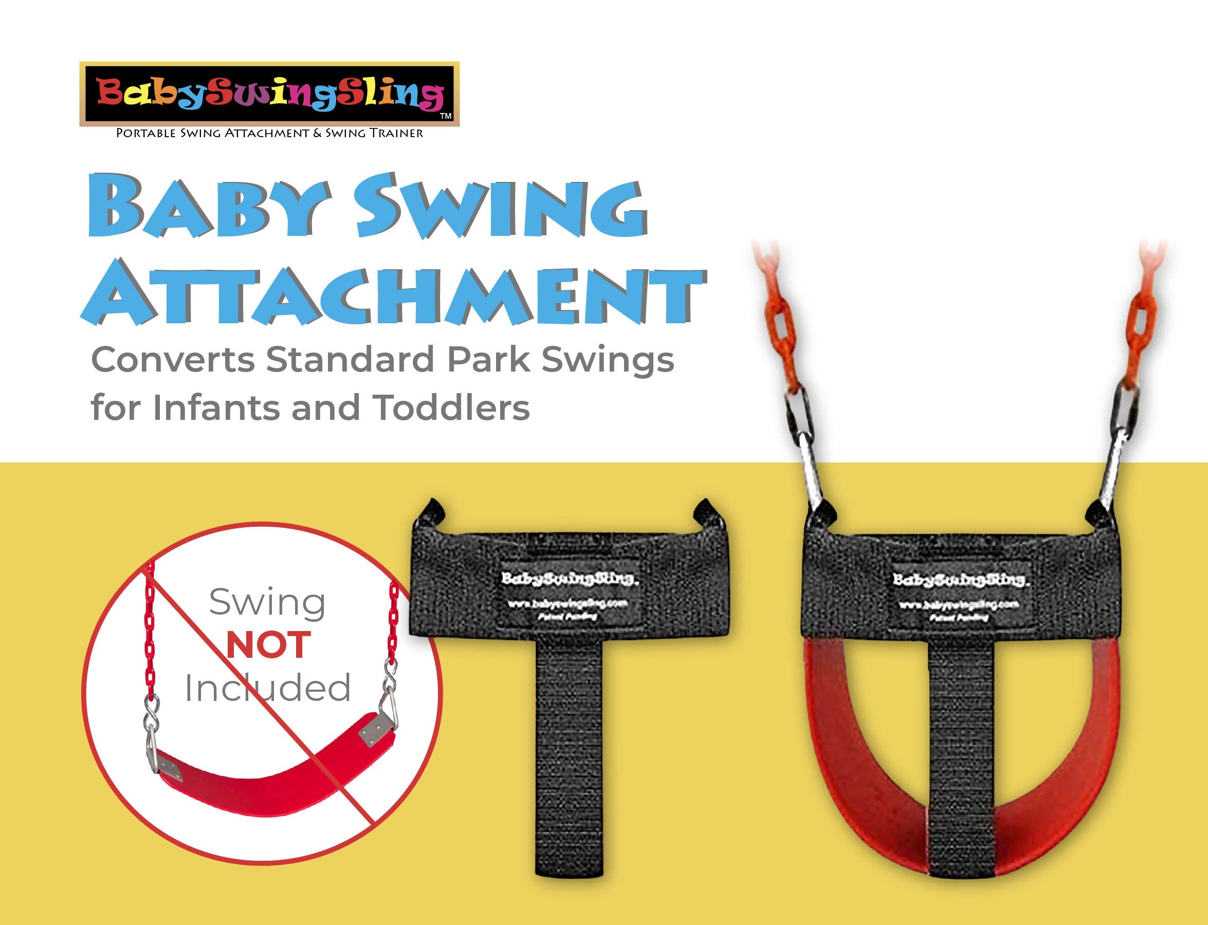 BabySwingSling trainer on a park swing helping toddler learn to swing.
