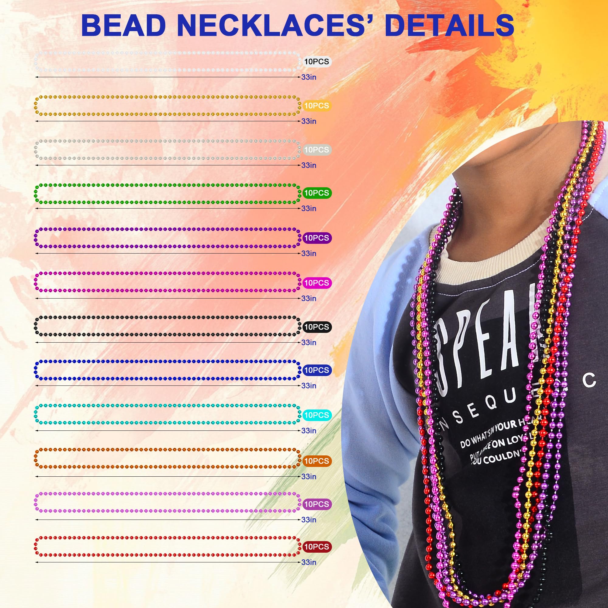 Bulk pack of 120 BACCZZY Mardi Gras bead necklaces for parties