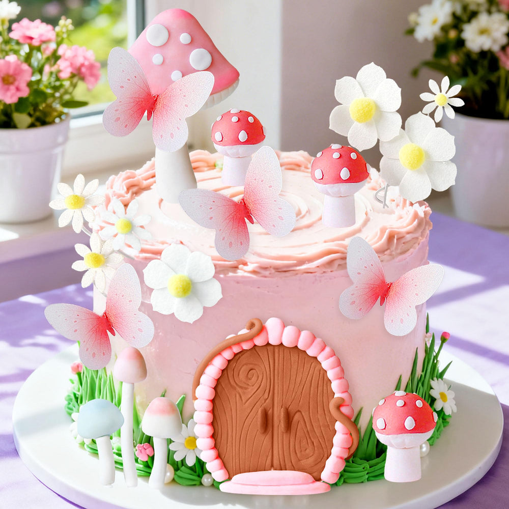 Bach and Boujee pink butterflies decor adds fluttering color to treats.