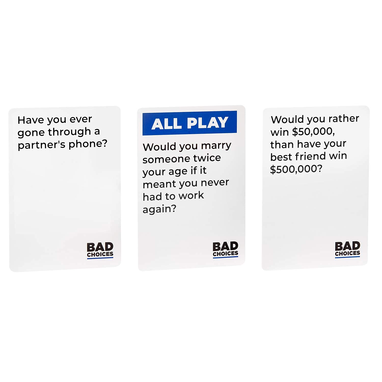 BAD CHOICES example question card reveals bold prompts for conversations