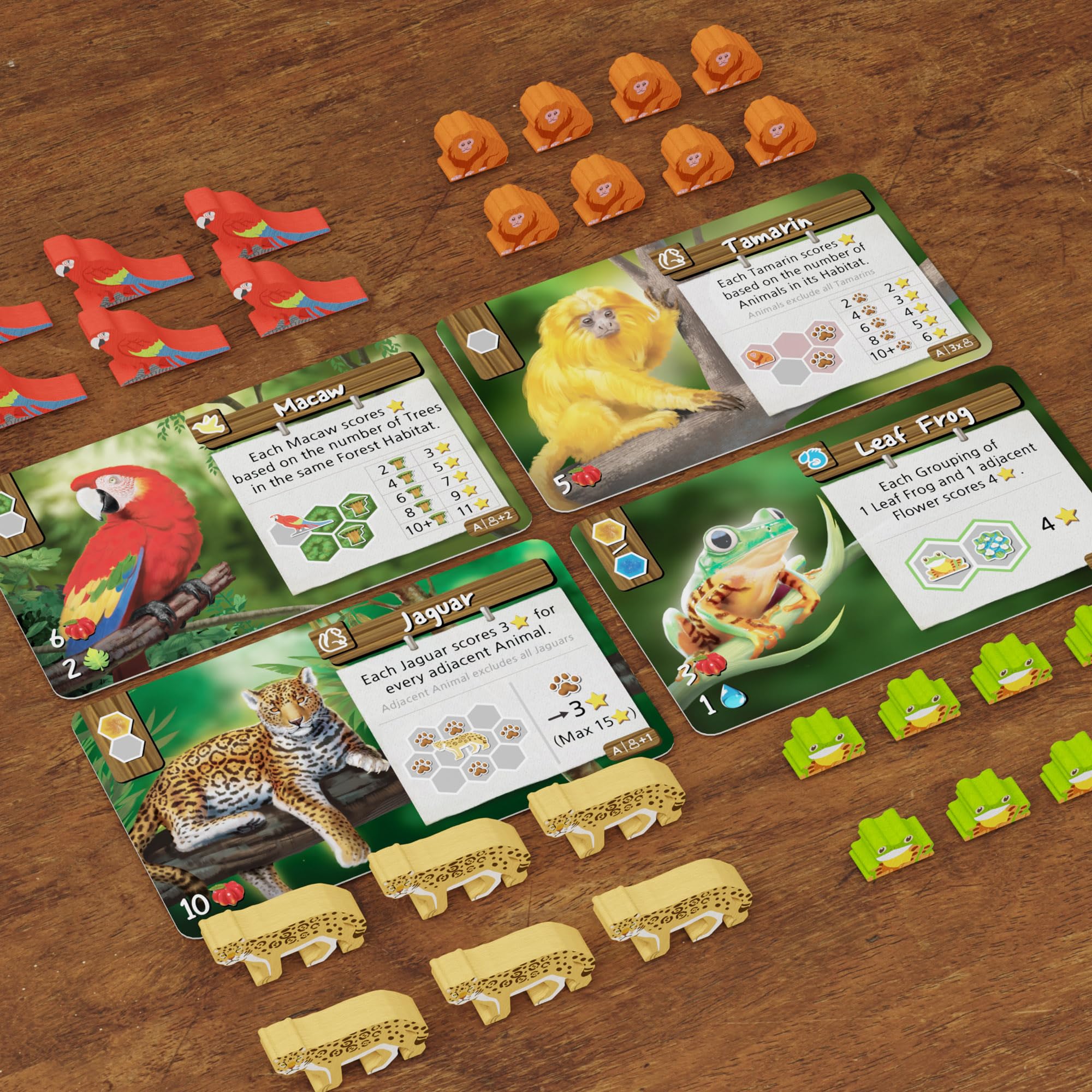 BAD COMET Life of The Amazonia animal-meeples on vibrant jungle board