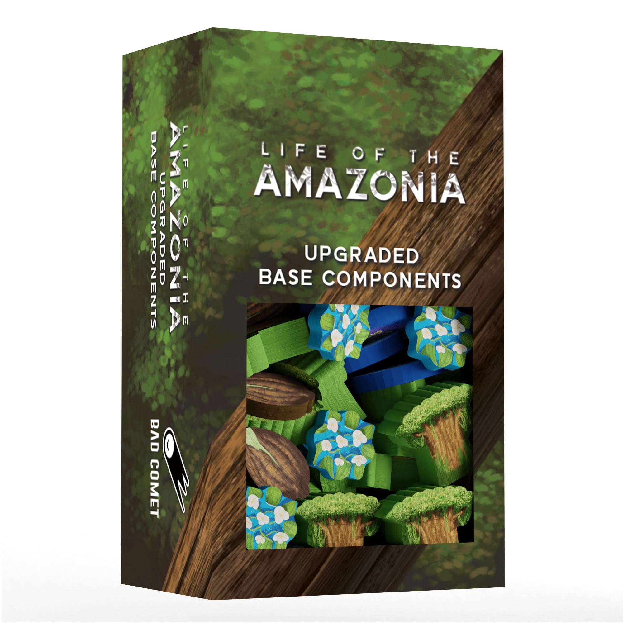 BAD COMET Life of The Amazonia board game setup highlights components for strategic jungle-building.