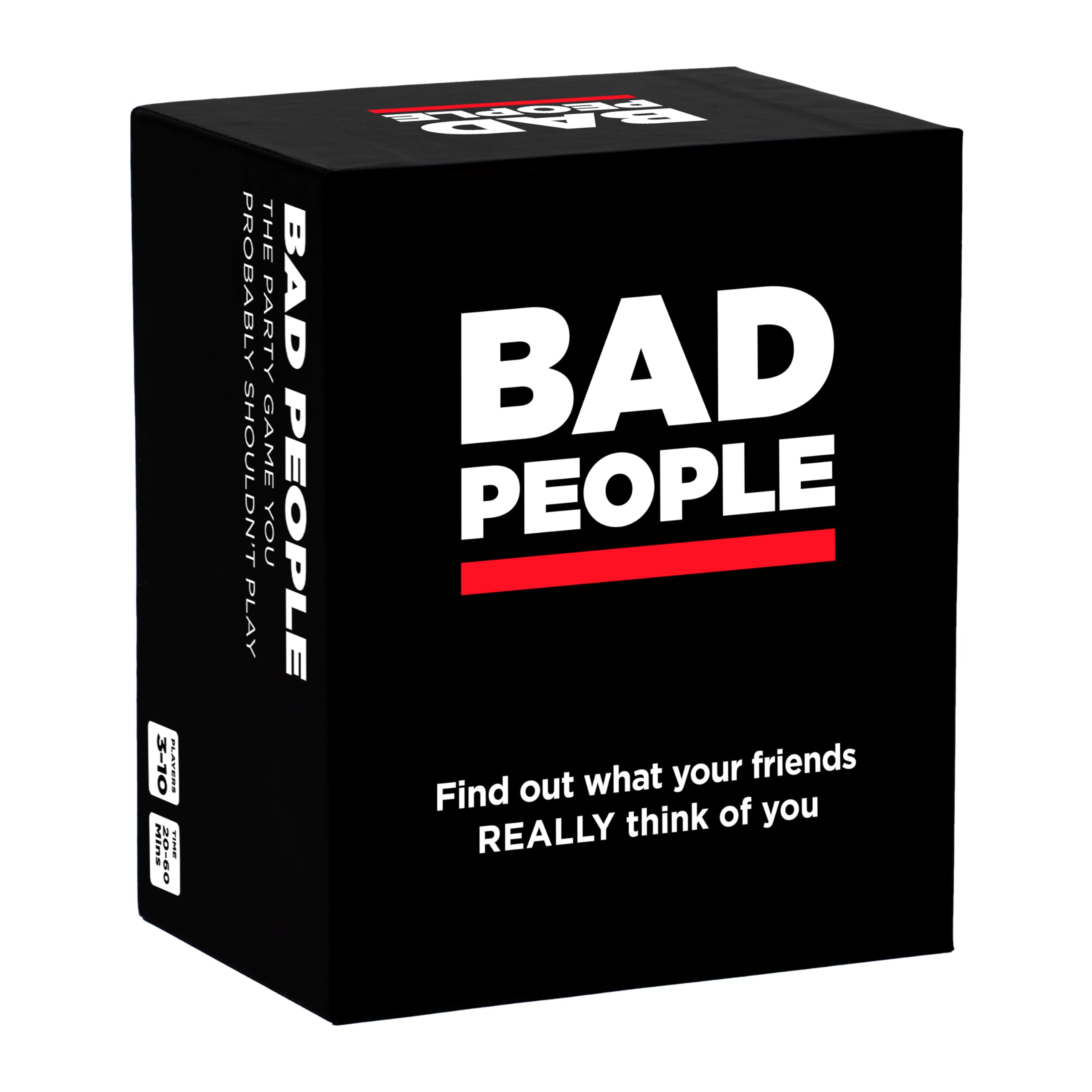 BAD PEOPLE card deck closeup showing bold, funny questions for social gaming.