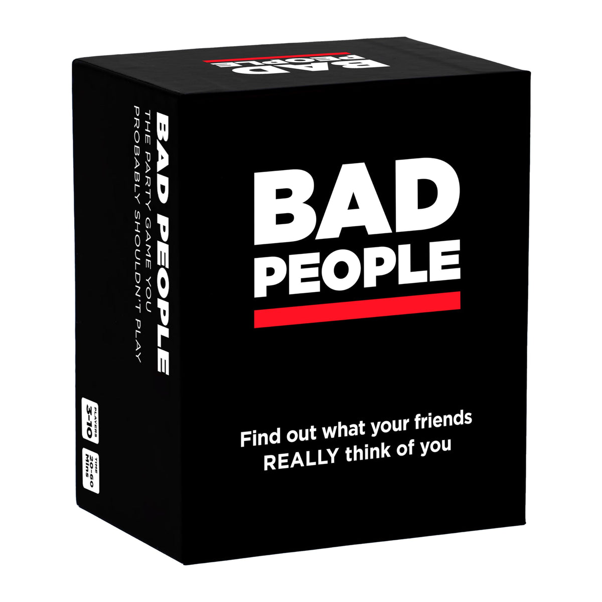 BAD PEOPLE card deck closeup showing bold, funny questions for social gaming.