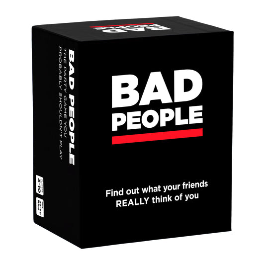 BAD PEOPLE card deck closeup showing bold, funny questions for social gaming.