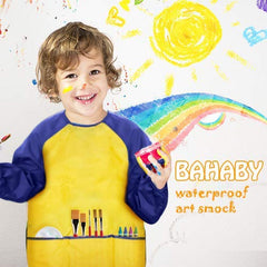 BAHABY art smock with three pockets keeps tools handy during crafts.