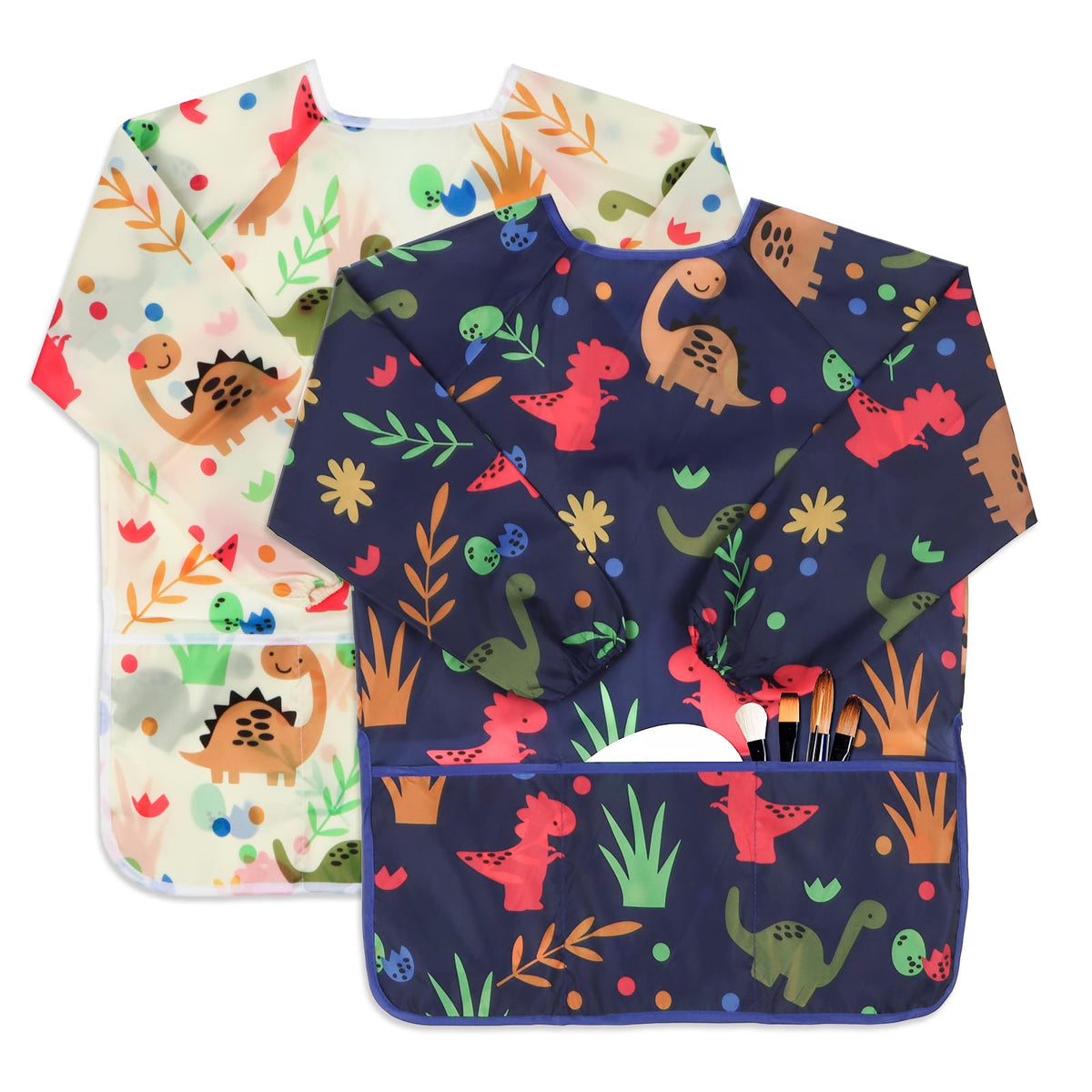 BAHABY Kids Art Smocks with dinosaur design protect clothing during painting sessions.