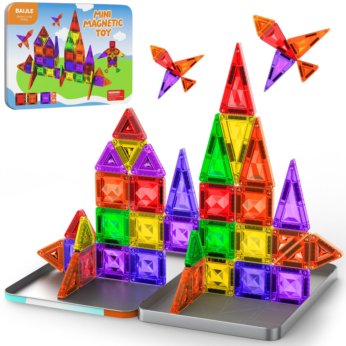 BAIJLE mini magnetic tiles with diamond pattern for on-the-go imaginative play.