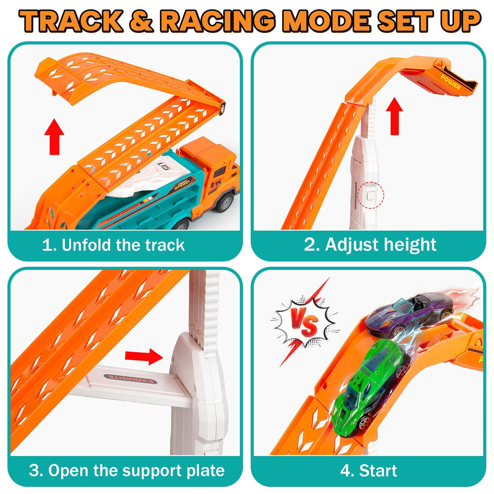BainGesk Carrier Truck Toy dual race tracks for competitive play.
