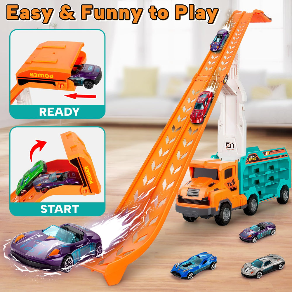 BainGesk Carrier Truck Toy pull-out track in action for racing.