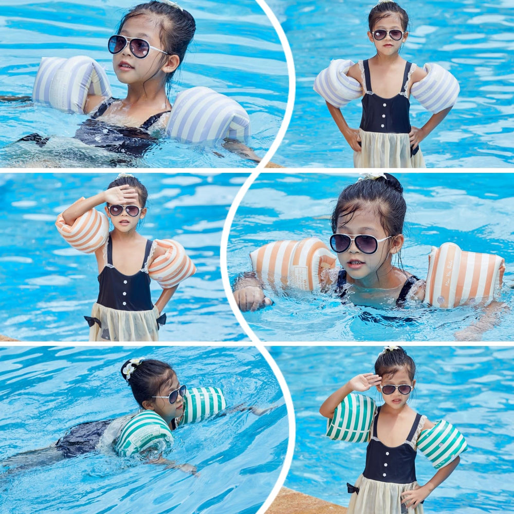BAITEMJIA arm floaties orange stripe compact design fits in a beach bag.