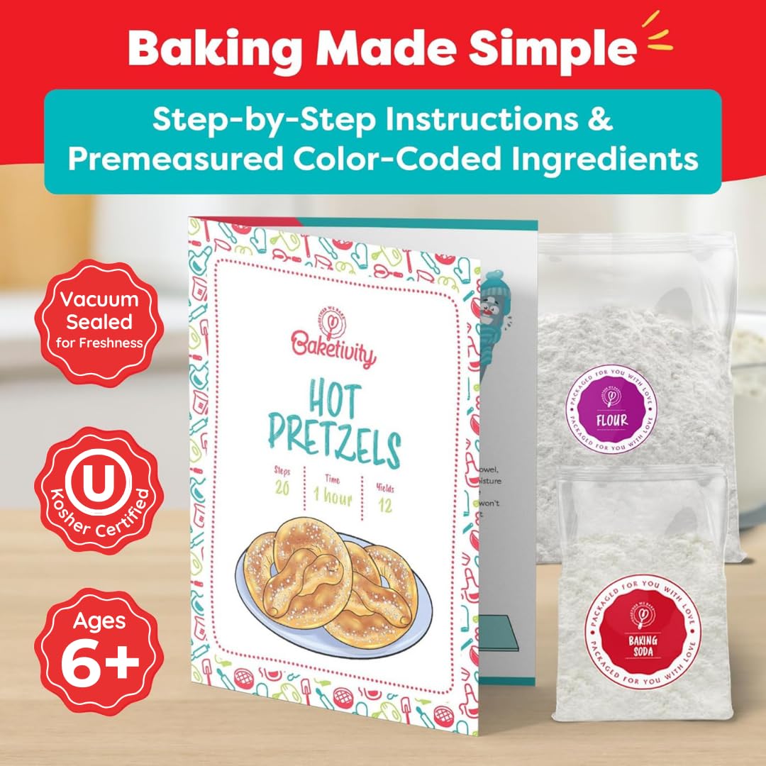 Baketivity pretzel-kit-contents display pre-measured dry ingredients for precise, mess-free cooking with kids.