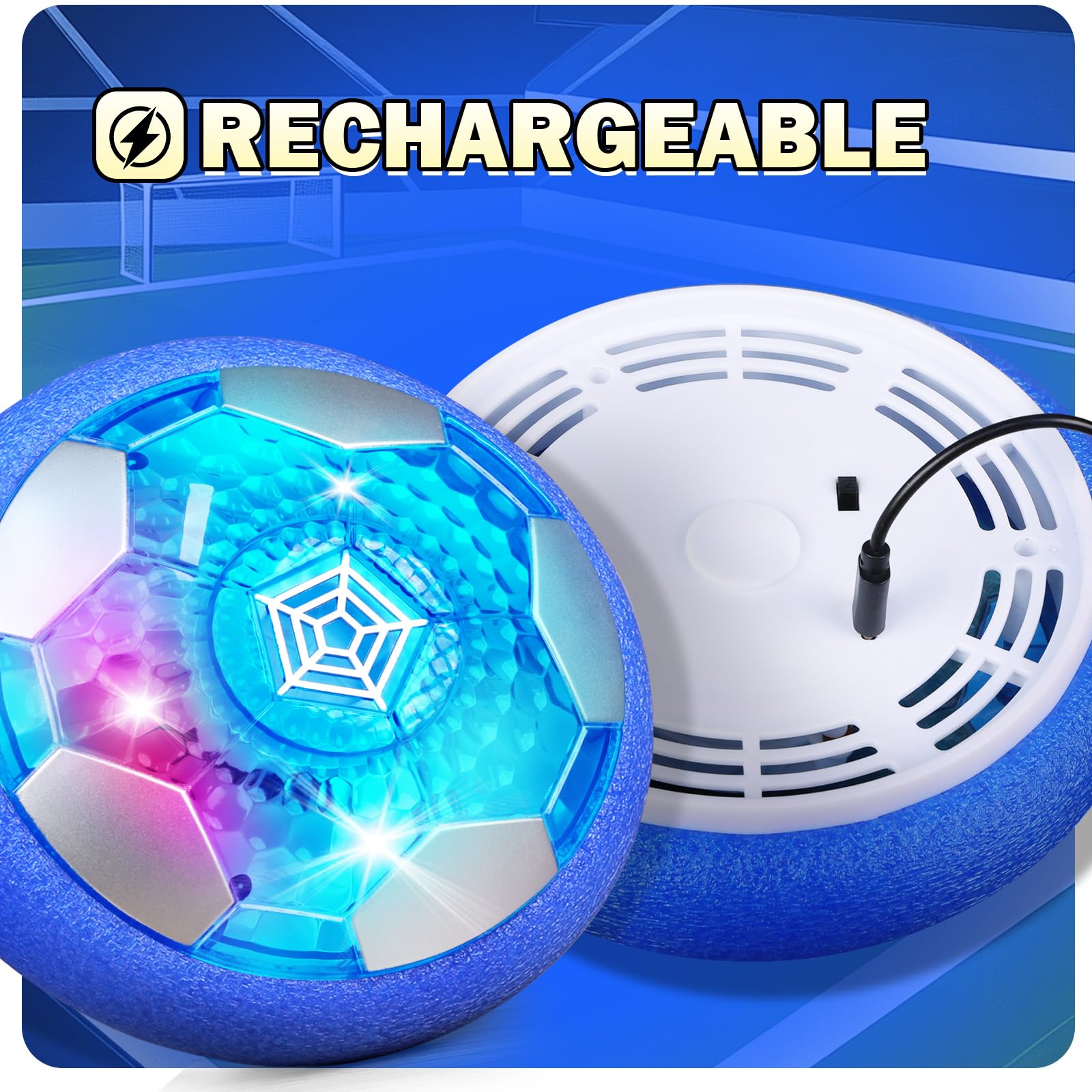 BaLaM Hover Soccer Ball LED-lights brighten nighttime family games.