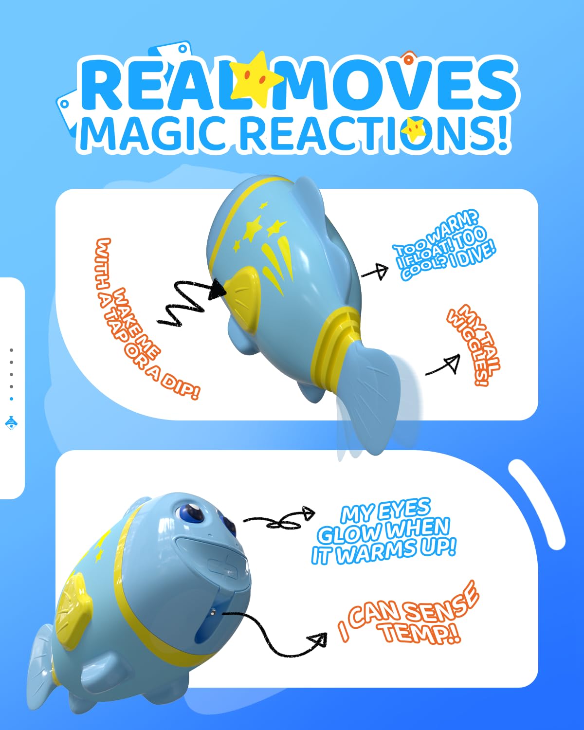 Baldr glowing eyes fish bath toy adds color cues for bath time.