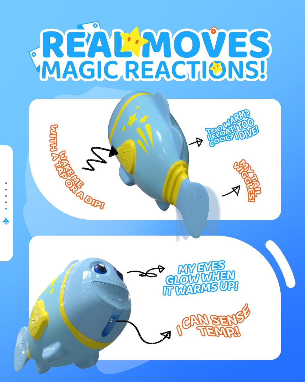 Baldr glowing eyes fish bath toy adds color cues for bath time.