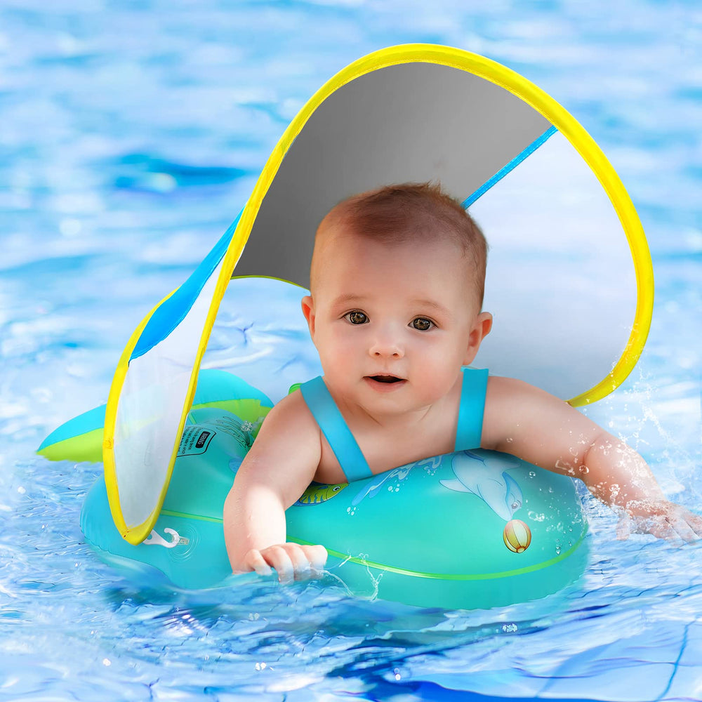 Balhvit no-flip-over baby pool float with canopy keeps infants secure on the water