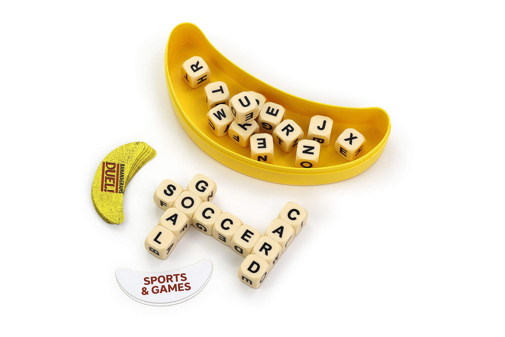 Bananagrams Duel letter cubes on a table ready for rapid word building.