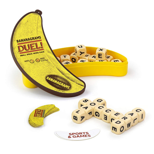 Bananagrams Duel travel game cover showing compact two-player word race setup for on-the-go play.