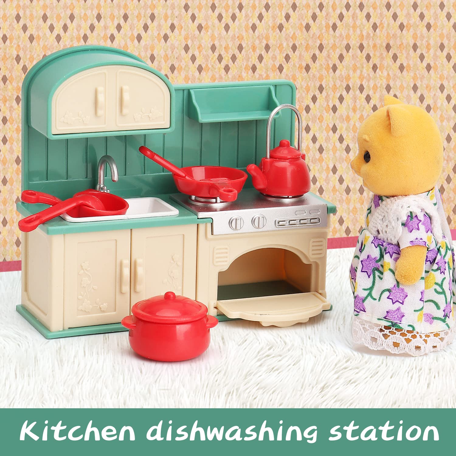 BananMelonBM dollhouse dishwashing station supports cleanup role-play and sequencing.