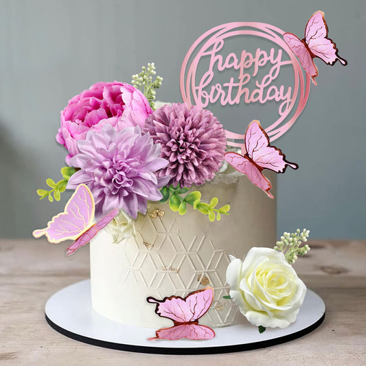 BANBALLON butterfly cake toppers with purple flowers adorn an elegant birthday cake.