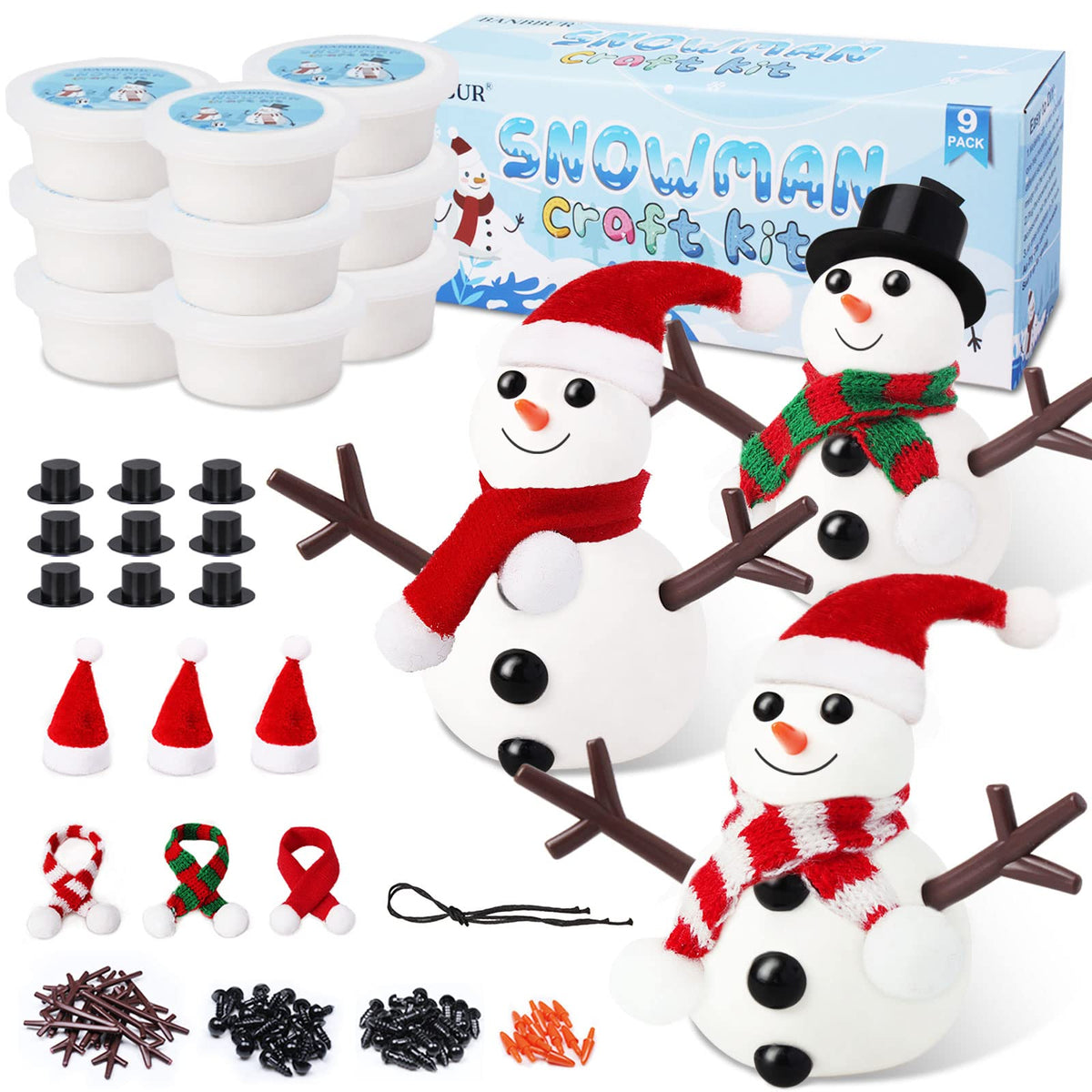 BANBBUR 9-pack Build a Snowman Kit box with colorful accessories for creative winter crafts.
