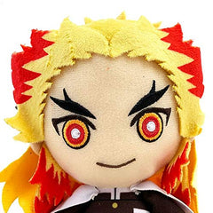 Bandai Demon Slayer Kyojuro Rengoku chibi plush side view—compact desk companion