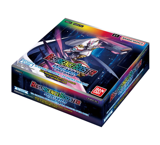 Bandai Digimon Resurgence booster blue box showing premium foil cards for collectors.