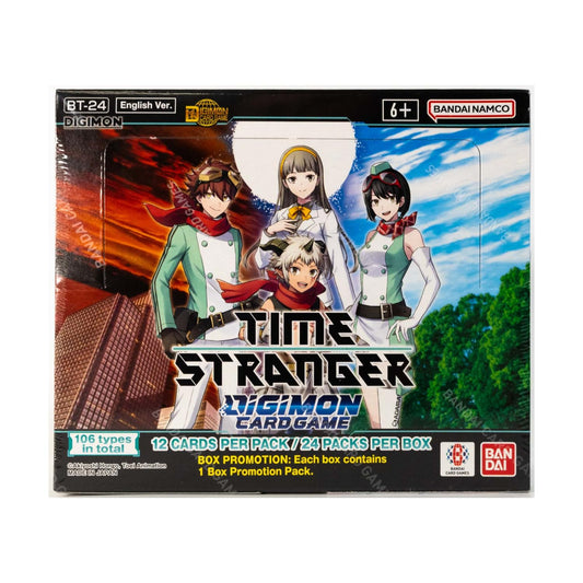 Bandai Digimon Time Stranger booster box featuring new characters, ideal for collectors and deck builders.