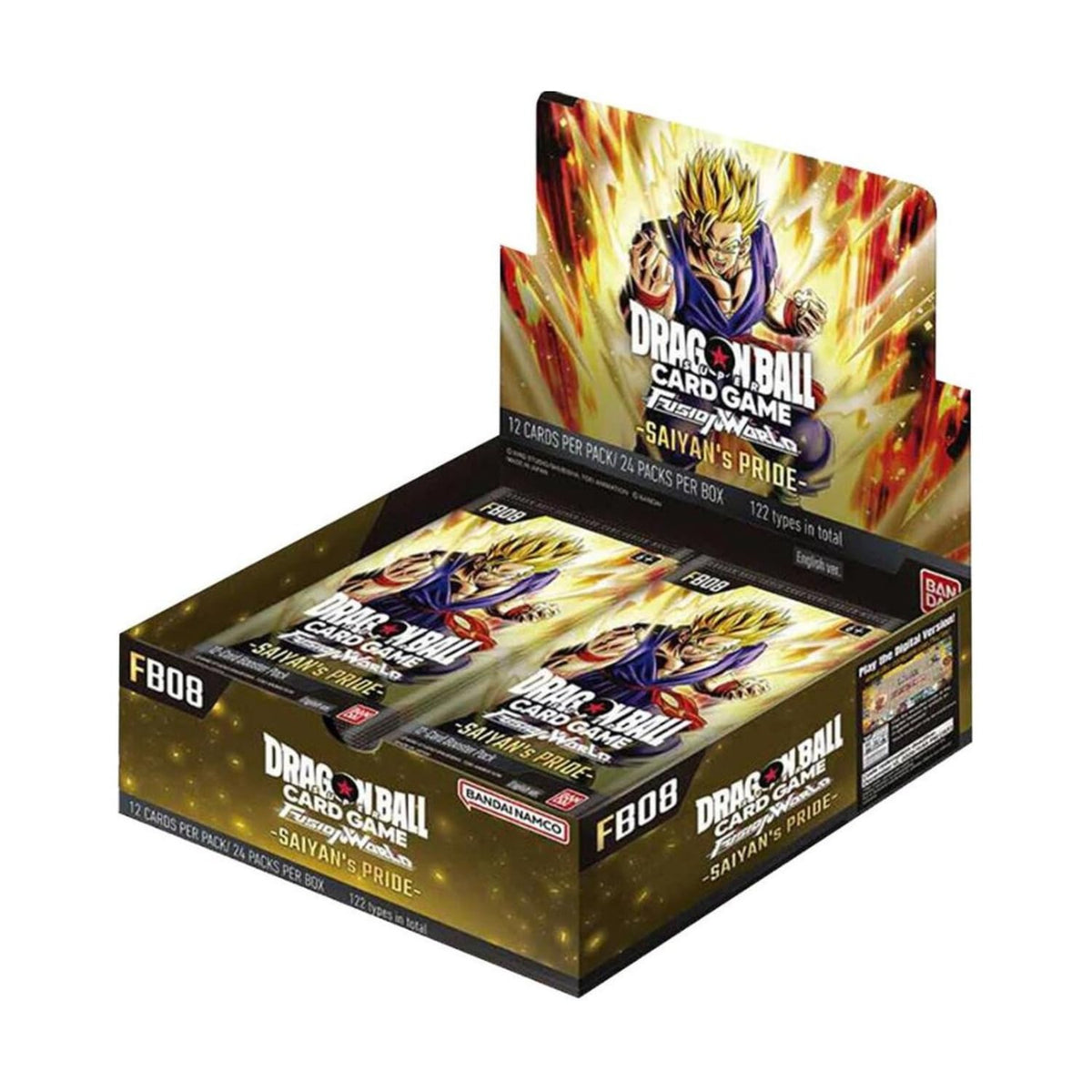 Bandai FB08 Saiyans Pride booster box with 24 packs to expand your Dragon Ball Super TCG collection