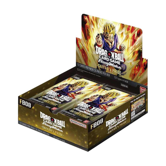 Bandai FB08 Saiyans Pride booster box with 24 packs to expand your Dragon Ball Super TCG collection