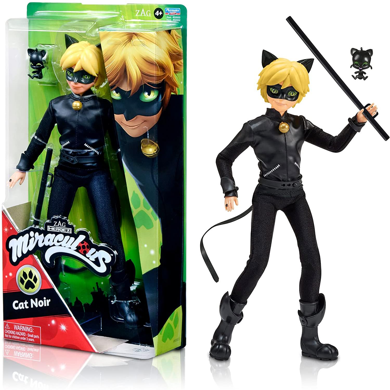 Bandai Miraculous Cat Noir doll close-up highlighting articulated joints for dynamic posing.