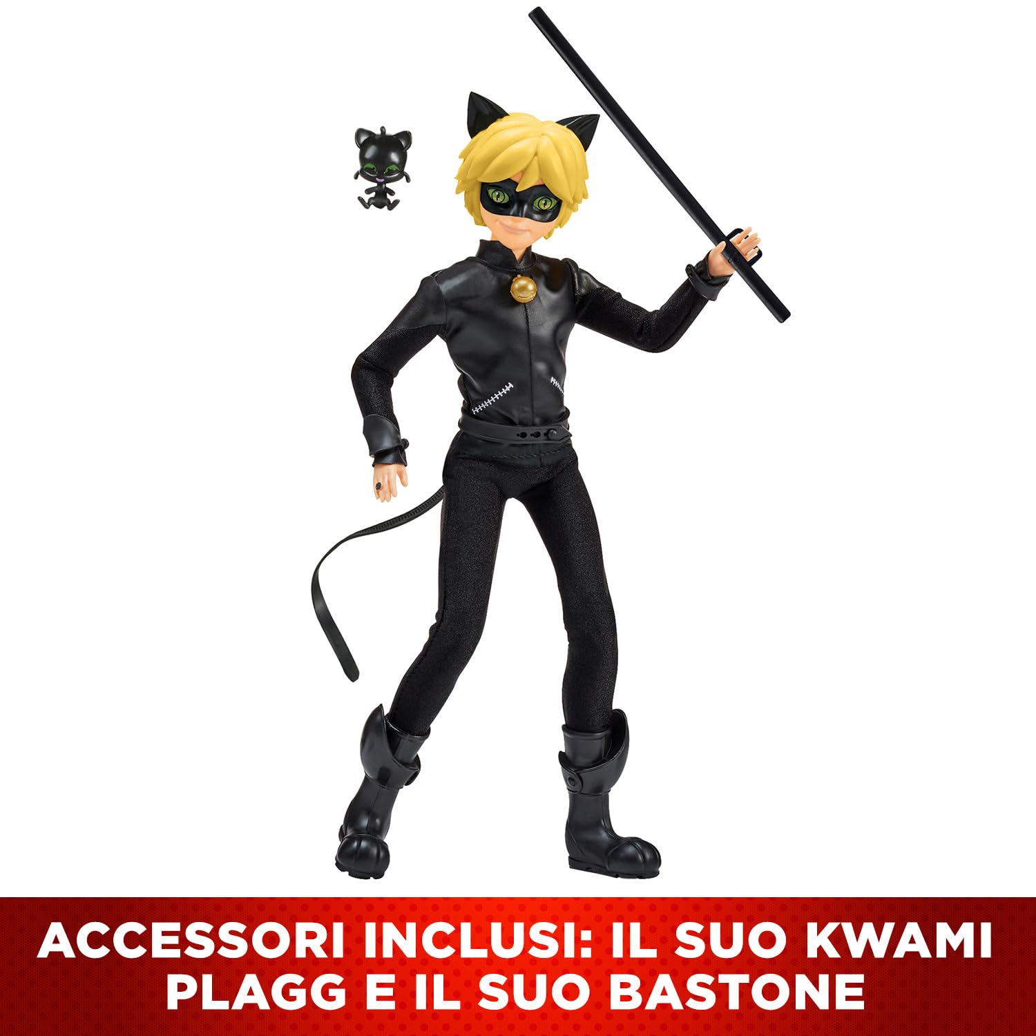Bandai Miraculous Cat Noir removable outfit enables dress-up fun.