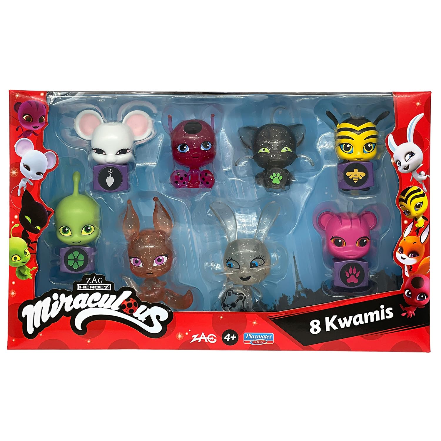 Bandai Miraculous eight-kwamis-pack with Tikki, Plagg, Trixx, Wayzz, Pollen, Nooroo, Fluff, and Duusu for collection and play.