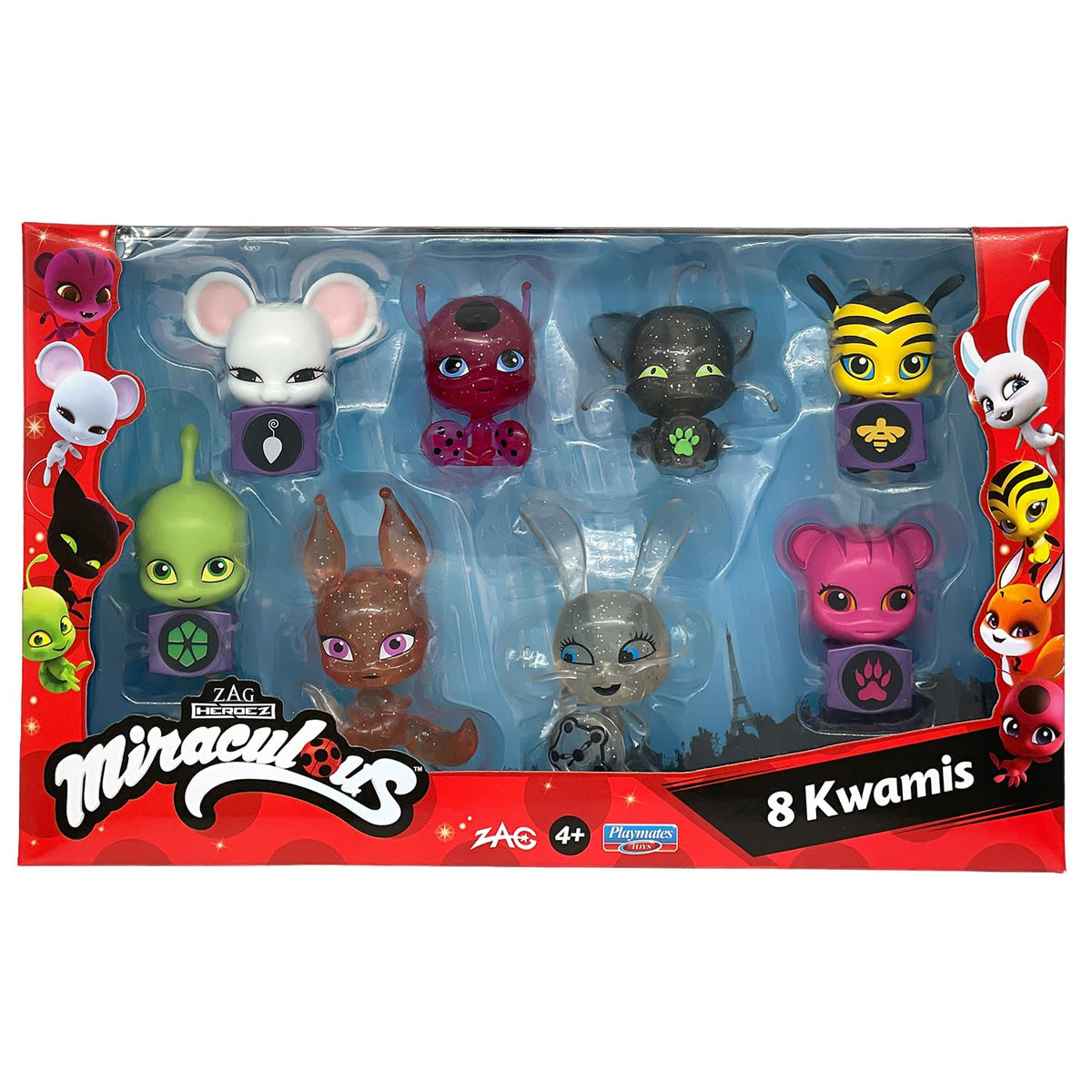 Bandai Miraculous eight-kwamis-pack with Tikki, Plagg, Trixx, Wayzz, Pollen, Nooroo, Fluff, and Duusu for collection and play.