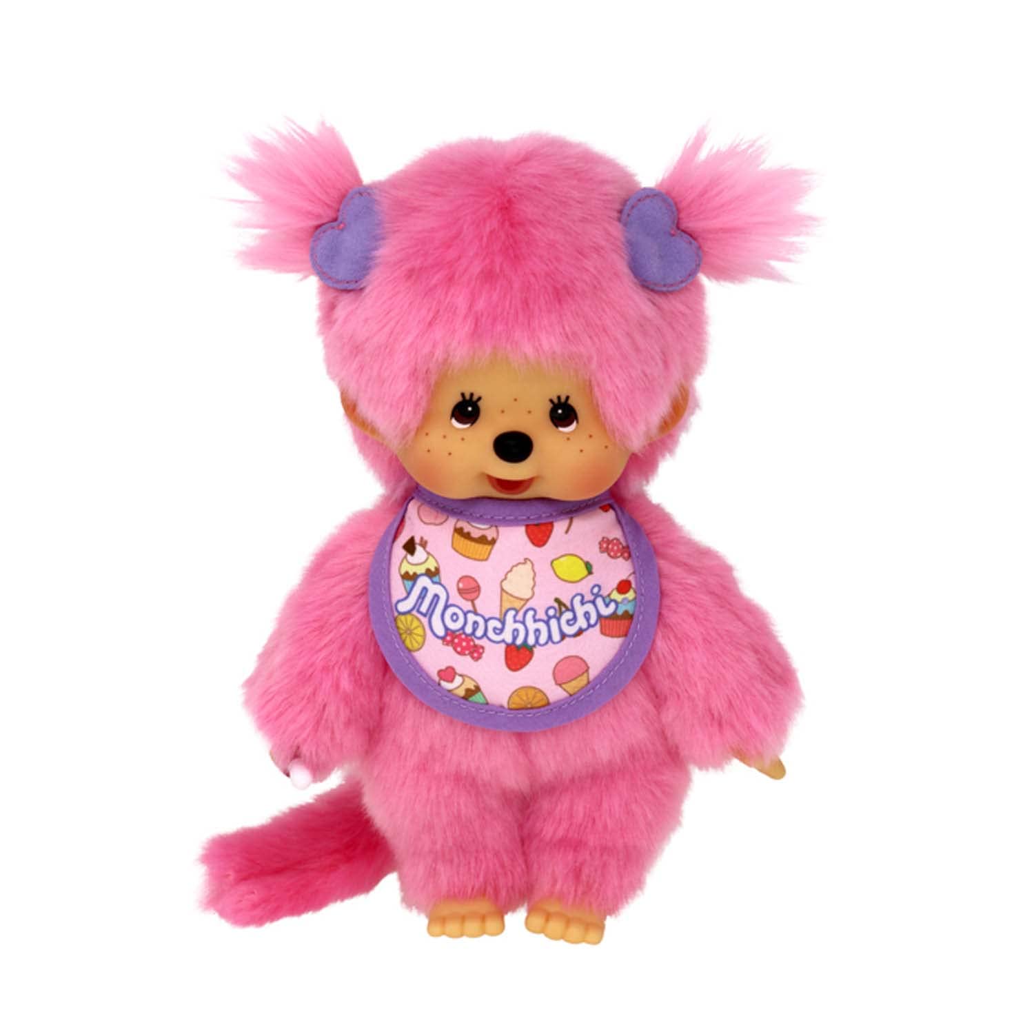 Bandai Monchhichi Frozen Fruits plush with fuchsia fur for soft, comforting cuddles.