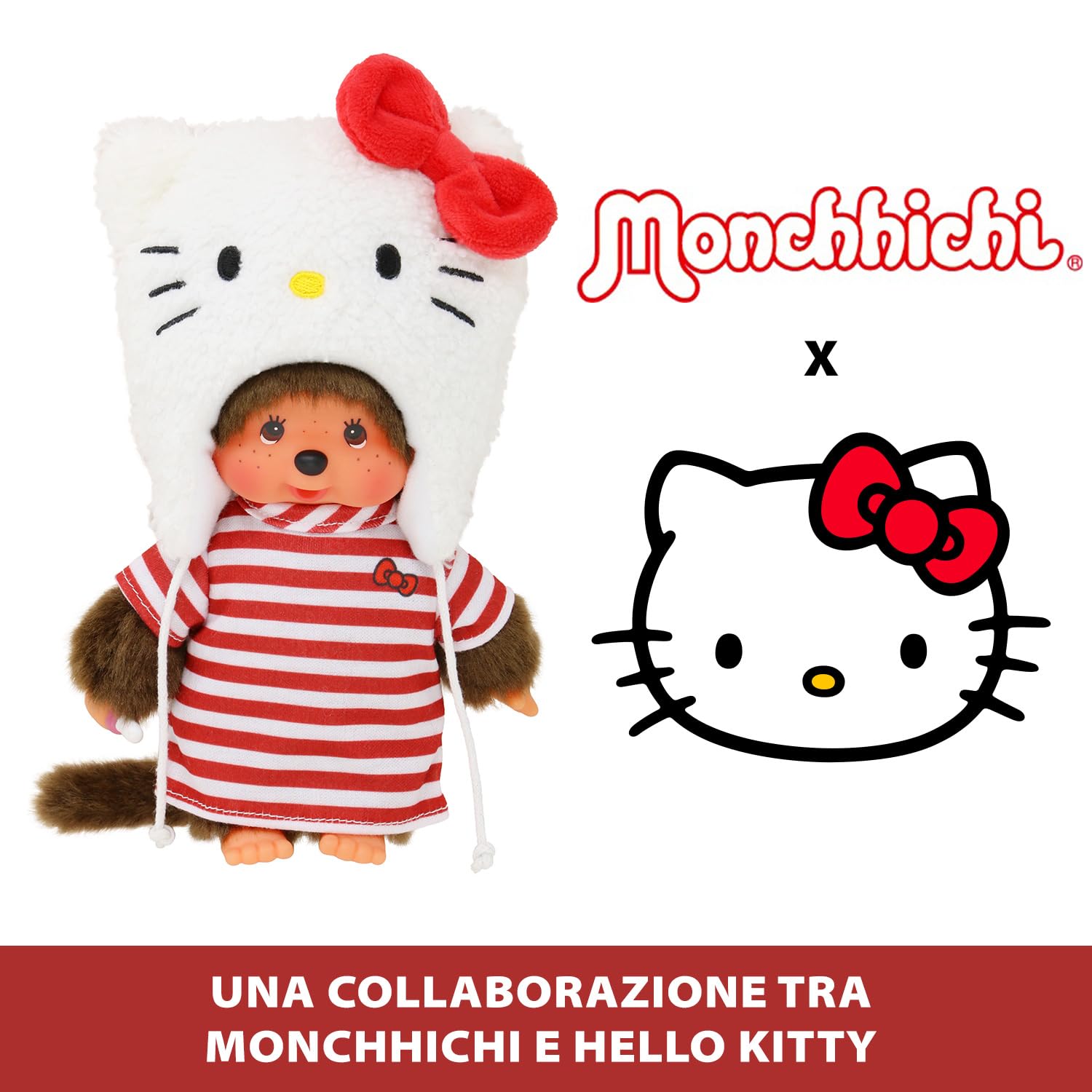 Bandai Monchhichi Hello Kitty plush, side view showing iconic 80s charm.