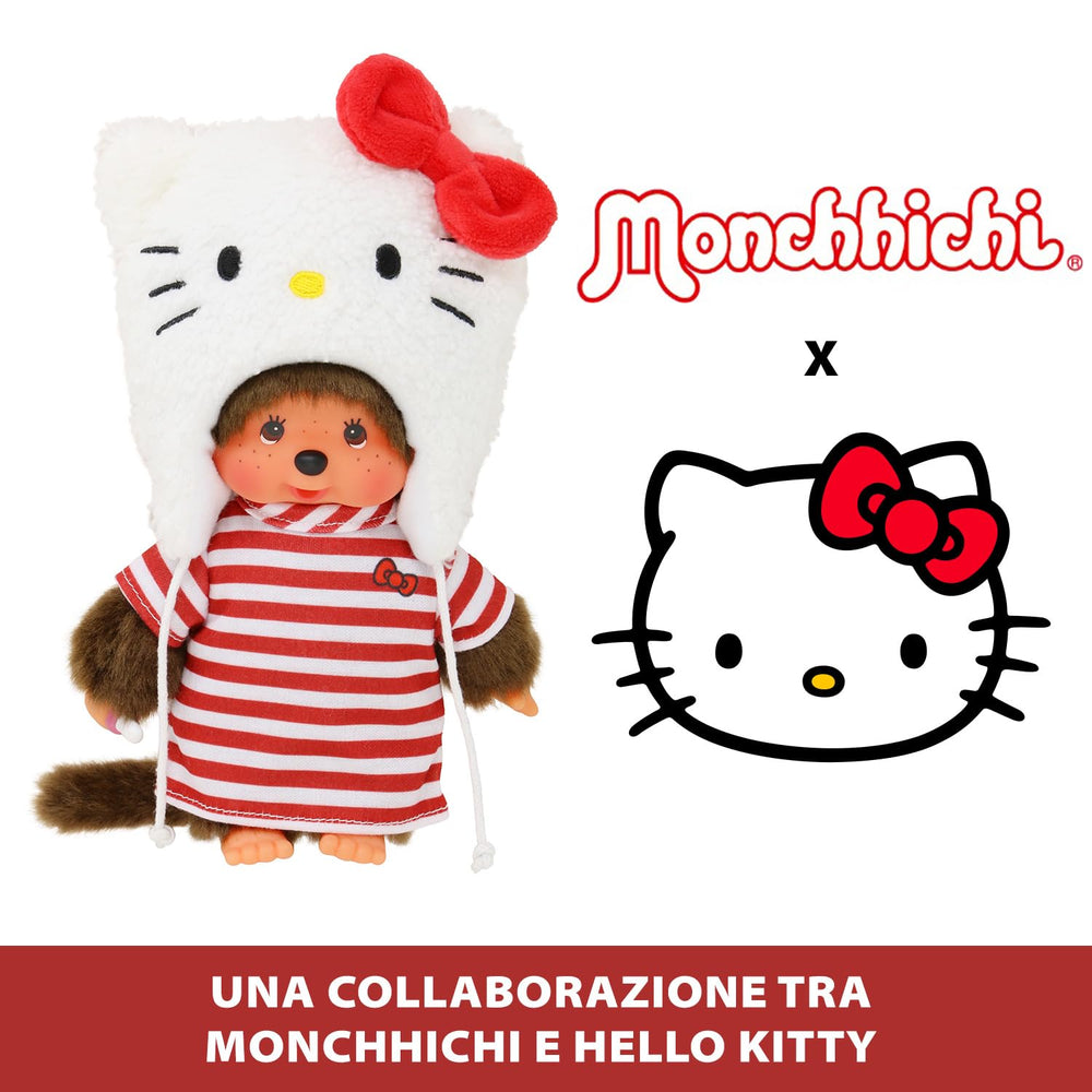 Bandai Monchhichi Hello Kitty plush, side view showing iconic 80s charm.