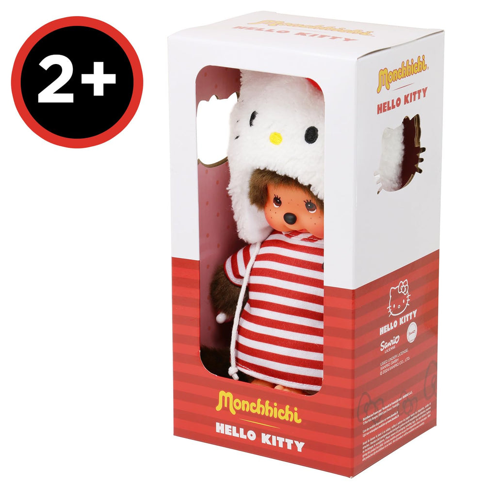 Bandai Monchhichi Hello Kitty plush on a desk, nostalgic 80s vibe.