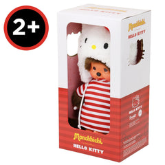 Bandai Monchhichi Hello Kitty plush on a desk, nostalgic 80s vibe.