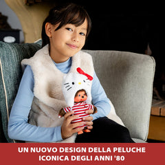 Hello Kitty hood detail on Bandai Monchhichi plush with playful retro design.
