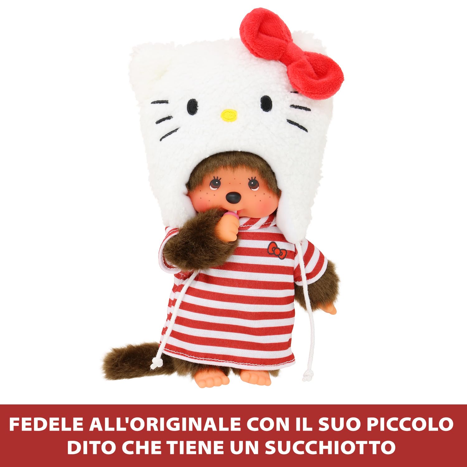 Bandai Monchhichi Hello Kitty plush displayed on a shelf as decor.