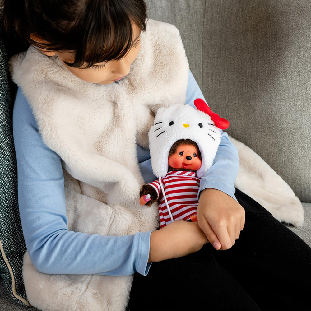 Bandai Monchhichi Hello Kitty plush packaging with vintage-inspired look.