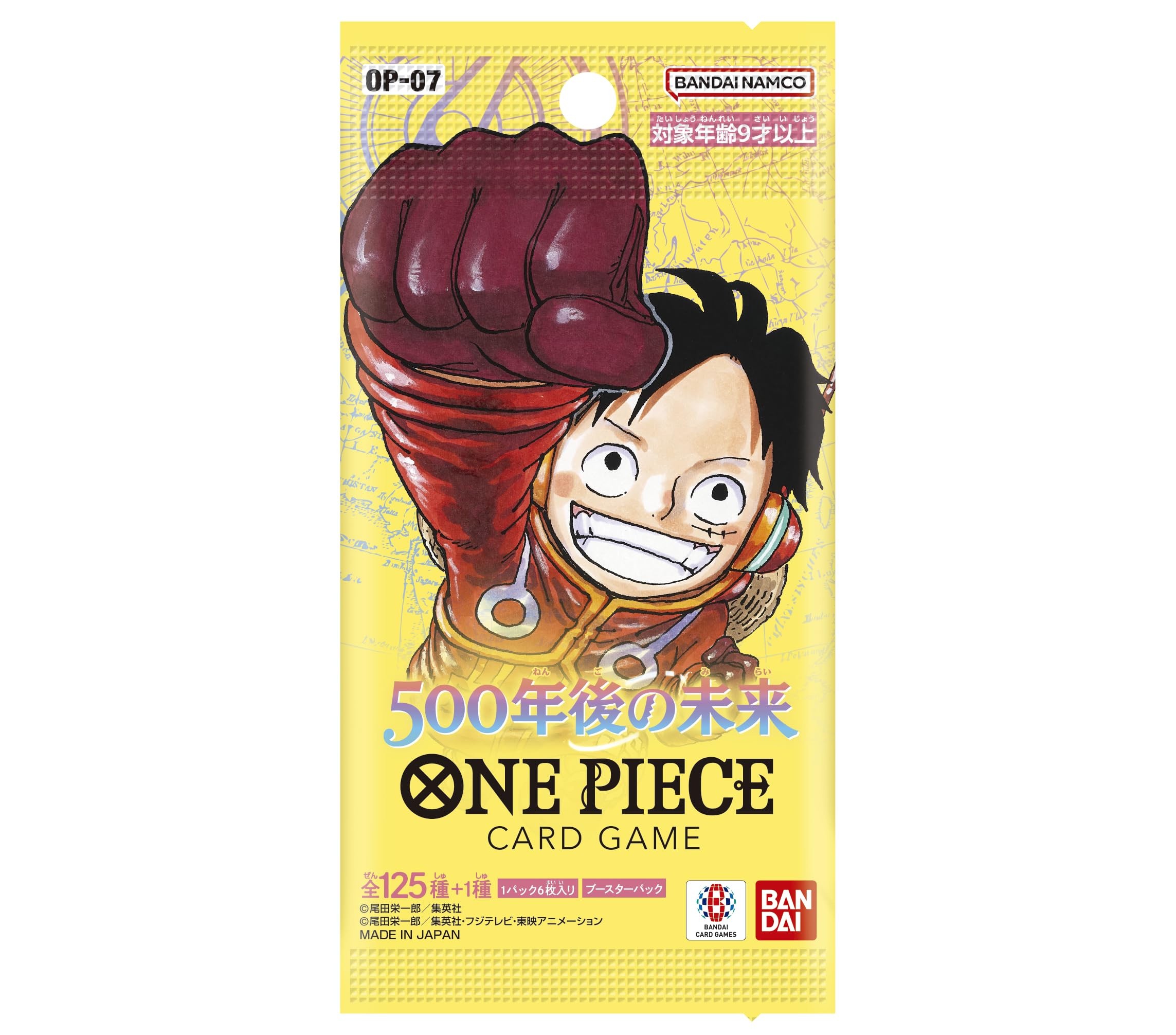 Bandai One Piece OP-07 booster pack displaying six cards for fans and collectors