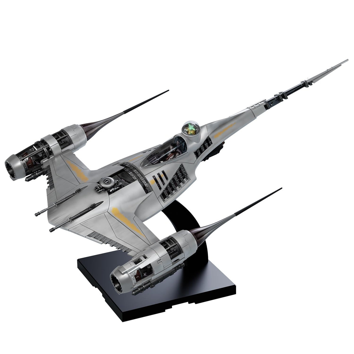 Bandai Spirits Mandalorian N-1 Starfighter cockpit parts show precise pilot seating with R5-D4 option for display.